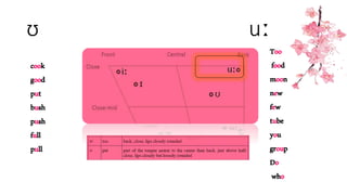 ʊ uː
cook
good
put
bush
push
full
pull
Too
food
moon
new
few
tube
you
group
Do
who
 