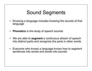 Sound Segments
•  Knowing a language includes knowing the sounds of that
language
•  Phonetics is the study of speech sounds
•  We are able to segment a continuous stream of speech
into distinct parts and recognize the parts in other words
•  Everyone who knows a language knows how to segment
sentences into words and words into sounds
 