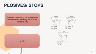PLOSIVES/ STOPS
10
Produced by stopping the airflow in the
vocal tract and releasing the air in an
explosive way
p, t, k
 