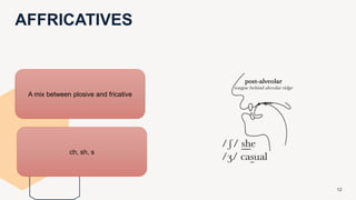 AFFRICATIVES
12
A mix between plosive and fricative
ch, sh, s
 