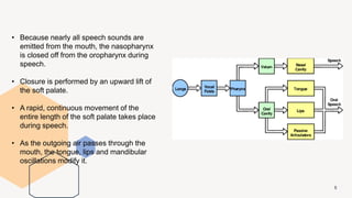 5
• Because nearly all speech sounds are
emitted from the mouth, the nasopharynx
is closed off from the oropharynx during
speech.
• Closure is performed by an upward lift of
the soft palate.
• A rapid, continuous movement of the
entire length of the soft palate takes place
during speech.
• As the outgoing air passes through the
mouth, the tongue, lips and mandibular
oscillations modify it.
 