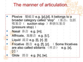 The manner of articulation.  Plosive  爆破音 e.g. [p],[d]. It belongs to a broader category called “stop”  （塞音：包括吸塞音（  suction stop  ）和挤压塞音  (pressure stop) ） Nasal  鼻音  e.g. [m]. Affricate,  塞擦音  e.g. [tʃ]. Liquid  流音 e.g. [l], [r]. [l]  Fricative  擦音  e.g. [f], [z].  （ Some fricatives are also called sibilants （丝音）  e.g. [s], [ʃ] ） Glide  滑音  e.g. [h], [w]. 