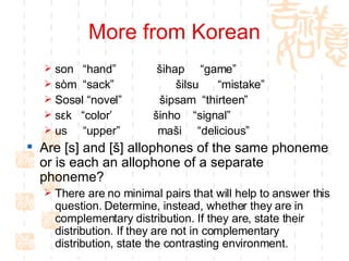More from Korean son  “hand”  š ihap  “game”  s òm  “sack”   šilsu  “mistake”  Sosəl “novel”  šipsam  “thirteen”  s ε k  “color’  šinho  “signal”  us  “upper”  maši  “delicious”  Are [s] and [š] allophones of the same phoneme or is each an allophone of a separate phoneme?  There are no minimal pairs that will help to answer this question. Determine, instead, whether they are in complementary distribution. If they are, state their distribution. If they are not in complementary distribution, state the contrasting environment.    