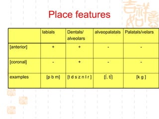 Place features [labial] [rounded] [coronal]: any sound articulated with the tongue tip or blade raised [anterior]: any sound articulated in front of the alveopalatal region [strident]: the noisy fricatives and affricates [k g ] [ ∫, t∫ ] [t d s z n l r ] [p b m ] examples - - + - [coronal] - - + + [anterior] Palatals/velars alveopalatals Dentals/ alveolars labials 