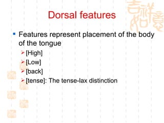Dorsal features Features represent placement of the body of the tongue [High] [Low] [back] [tense]: The tense-lax distinction 