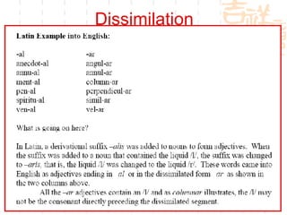 Dissimilation Rules in which a segment becomes less similar to another segment.  Sixth—sikst  fifth--fift 