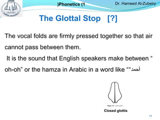 The Glottal Stop [?]
The vocal folds are firmly pressed together so that air
cannot pass between them.
It is the sound that English speakers make between “
oh-oh” or the hamza in Arabic in a word like ““ ‫أ‬‫حمد‬
Closed glottis
Dr. Hameed Al-ZubeiryPhonetics (1)
17
 