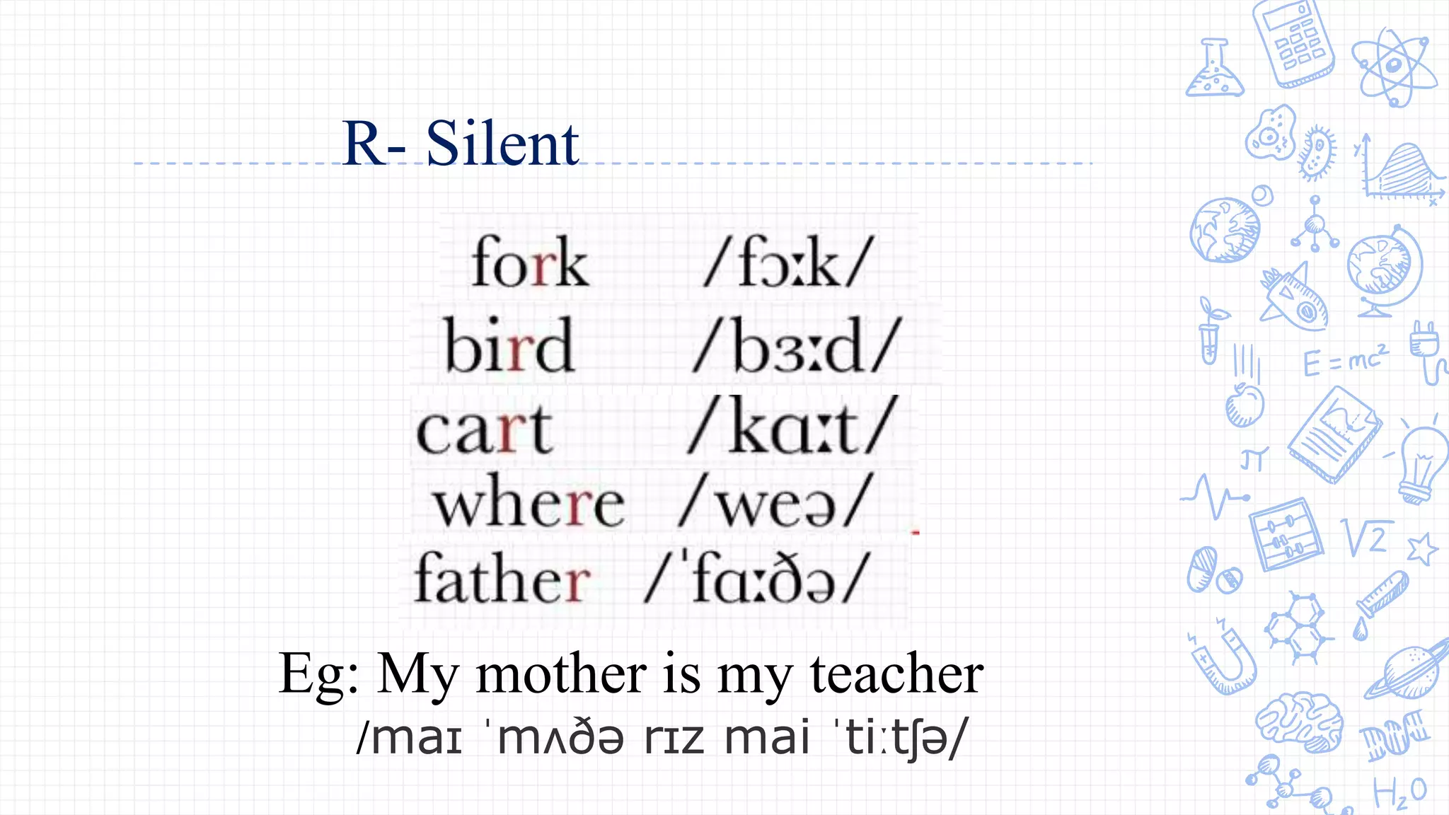 R- Silent
Eg: My mother is my teacher
/maɪ ˈmʌðə rɪz mai ˈtiːtʃə/
 