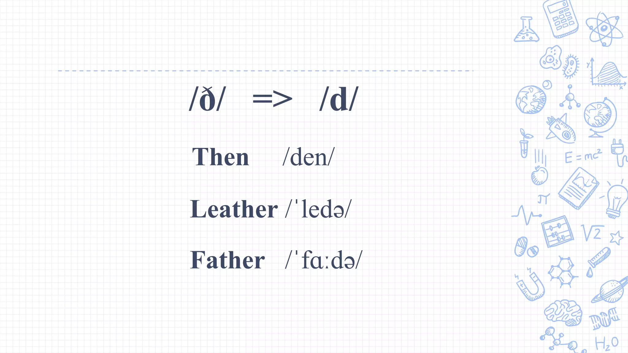 Then /den/
Leather /ˈledə/
Father /ˈfɑːdə/
/ð/ => /d/
 