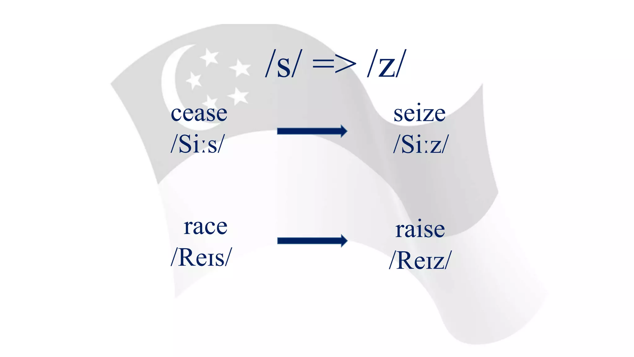 cease
/Siːs/
/s/ => /z/
seize
/Siːz/
race
/Reɪs/
raise
/Reɪz/
 
