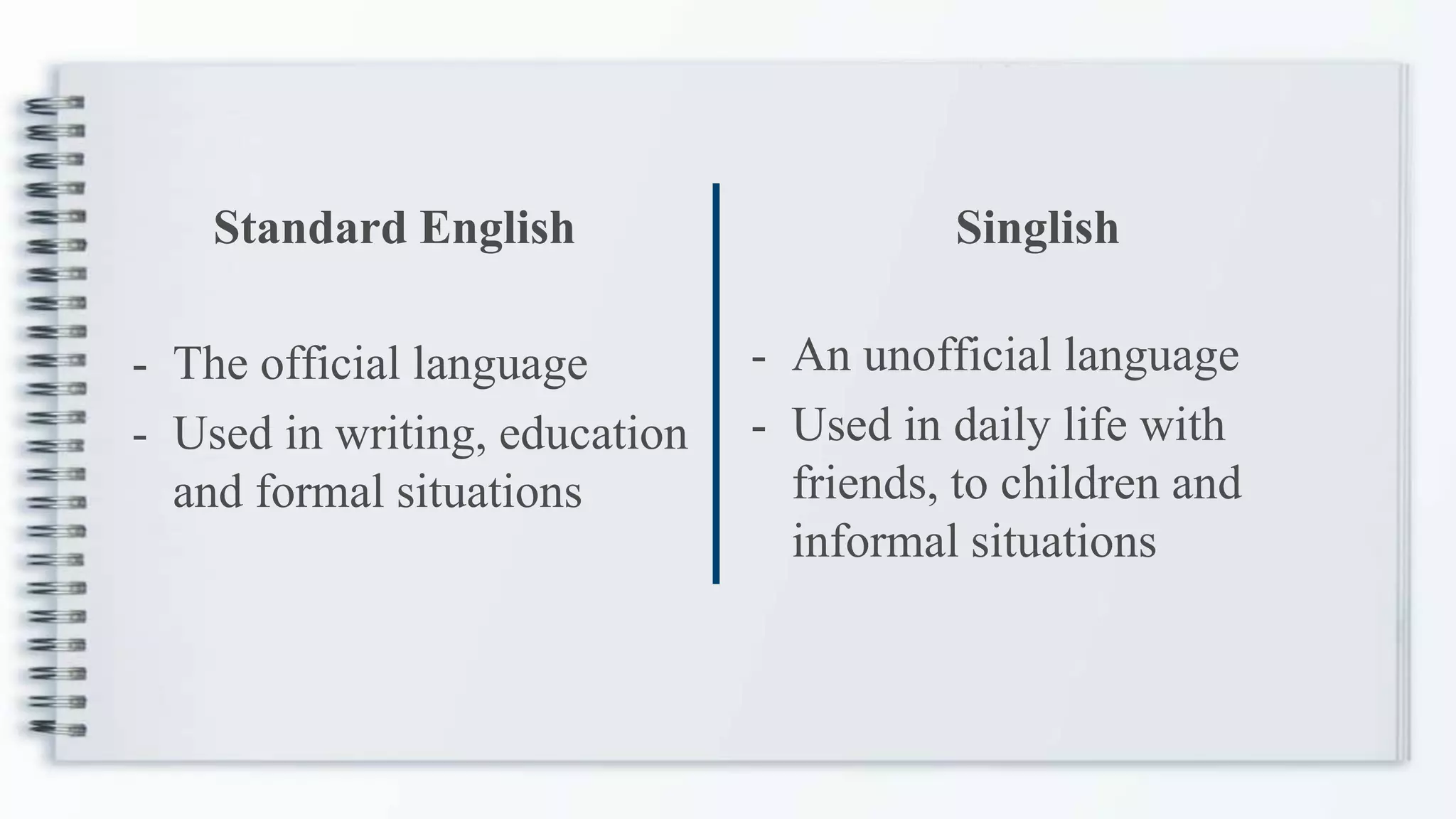 Standard English
- The official language
- Used in writing, education
and formal situations
- An unofficial language
- Used in daily life with
friends, to children and
informal situations
Singlish
 