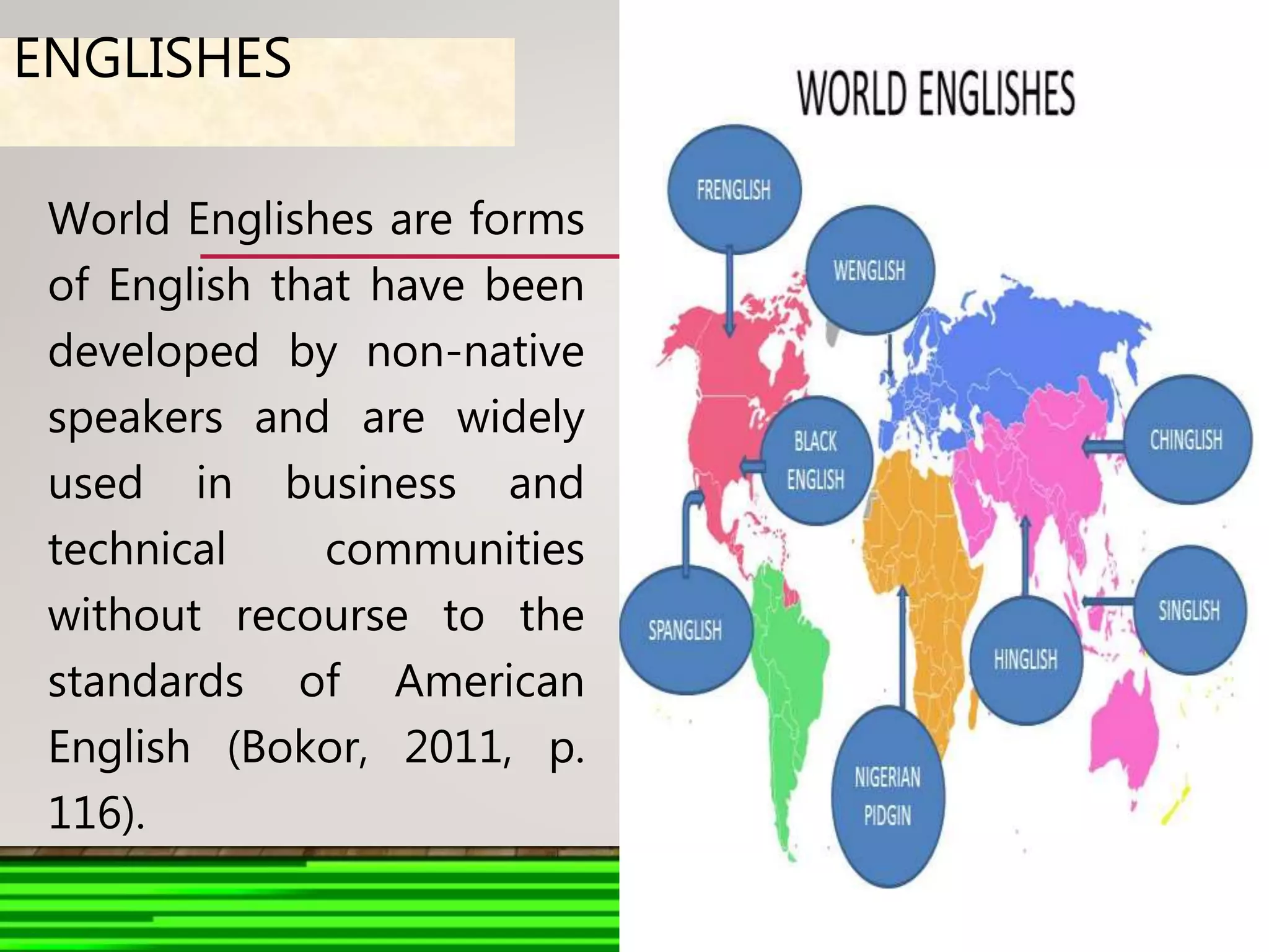 ENGLISHES
World Englishes are forms
of English that have been
developed by non-native
speakers and are widely
used in business and
technical communities
without recourse to the
standards of American
English (Bokor, 2011, p.
116).
 