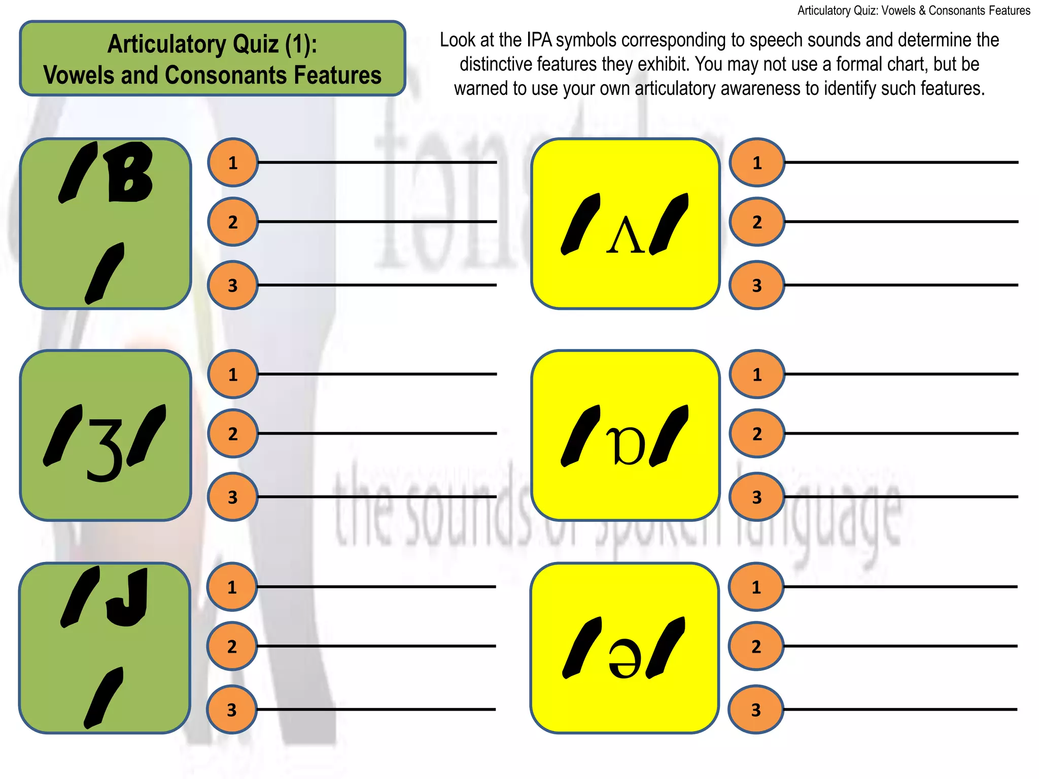 Articulatory Quiz: Vowels & Consonants Features

     Articulatory Quiz (1):      Look at the IPA symbols corresponding to speech sounds and determine the
                                   distinctive features they exhibit. You may not use a formal chart, but be
Vowels and Consonants Features     warned to use your own articulatory awareness to identify such features.




 /b             1                                                         1

                2
                                                /ʌ/                       2


  /             3                                                         3



                1                                                         1



/ʒ/             2


                3
                                                /ɒ/                       2


                                                                          3




 /j             1                                                         1

                2
                                                 /ə/                      2


  /             3                                                         3
 
