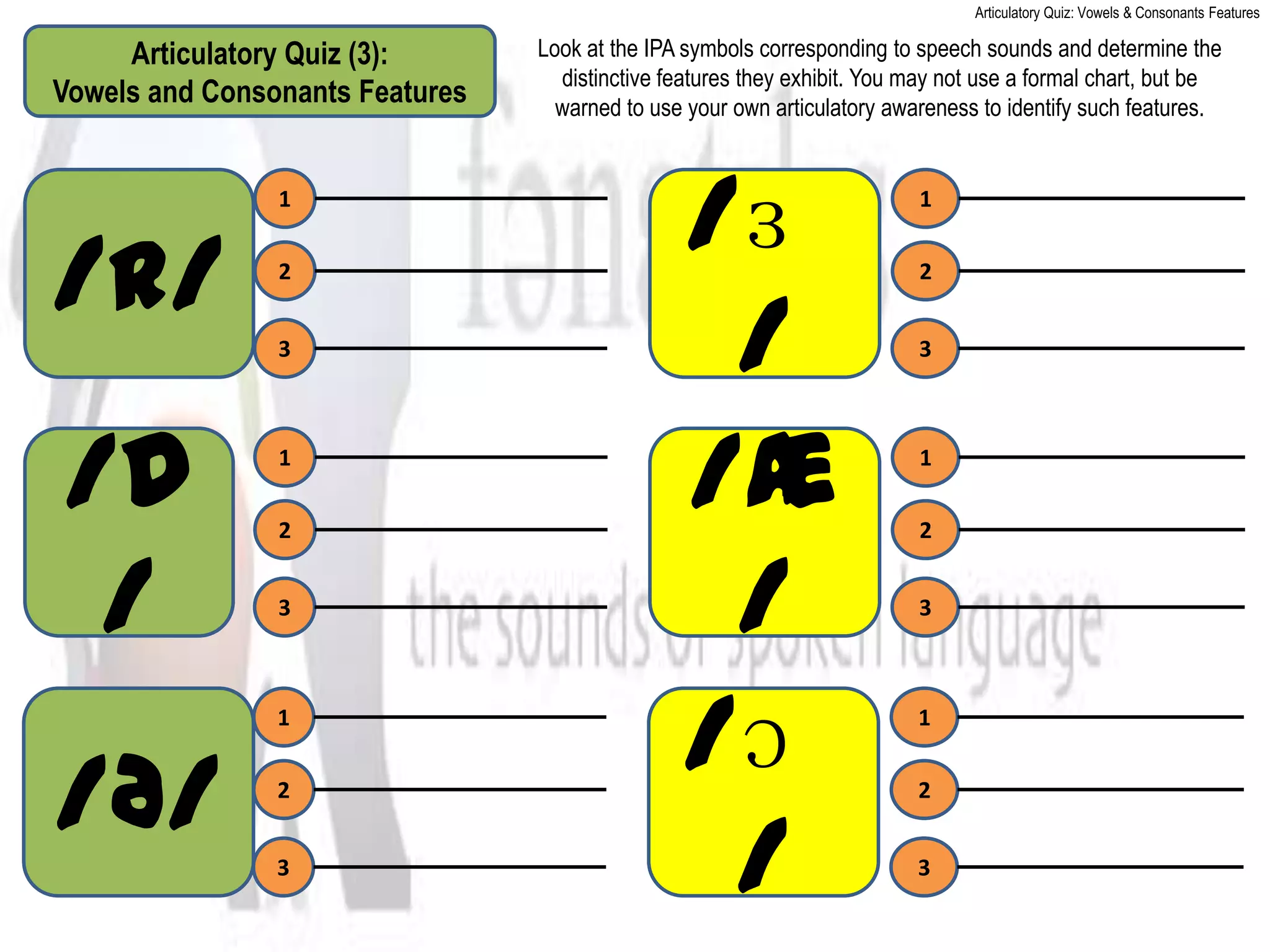 Articulatory Quiz: Vowels & Consonants Features

     Articulatory Quiz (3):      Look at the IPA symbols corresponding to speech sounds and determine the
                                   distinctive features they exhibit. You may not use a formal chart, but be
Vowels and Consonants Features     warned to use your own articulatory awareness to identify such features.


                1
                                                /ɜˈ                       1



/r/             2                                                         2


                3
                                                 /                        3




/d              1

                2
                                                /æ                        1

                                                                          2


 /              3
                                                 /                        3



                1
                                                /ɔˈ                       1



/ð/             2                                                         2


                3
                                                 /                        3
 