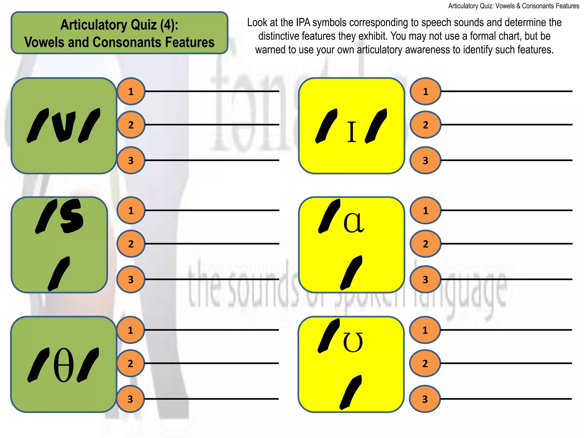 Articulatory Quiz: Vowels & Consonants Features

     Articulatory Quiz (4):      Look at the IPA symbols corresponding to speech sounds and determine the
                                   distinctive features they exhibit. You may not use a formal chart, but be
Vowels and Consonants Features     warned to use your own articulatory awareness to identify such features.


                1                                                         1



/v/             2


                3
                                                /ɪ/                       2


                                                                          3




 /s             1

                2
                                                 /ɑˈ                      1

                                                                          2


 /              3
                                                  /                       3



                1
                                                 /ʊˈ                      1



/θ/             2                                                         2


                3
                                                  /                       3
 