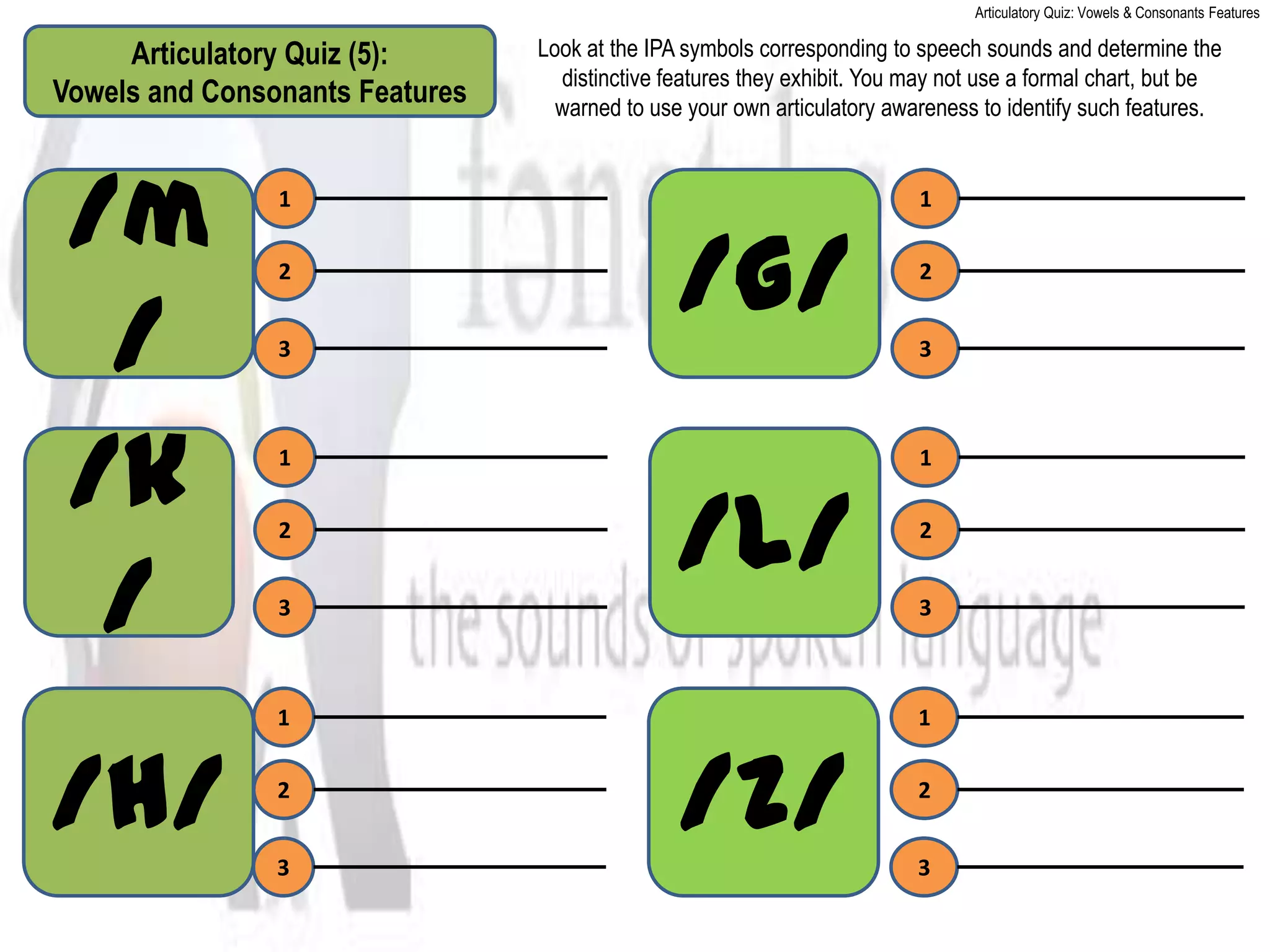 Articulatory Quiz: Vowels & Consonants Features

     Articulatory Quiz (5):      Look at the IPA symbols corresponding to speech sounds and determine the
                                   distinctive features they exhibit. You may not use a formal chart, but be
Vowels and Consonants Features     warned to use your own articulatory awareness to identify such features.




/m              1                                                         1

                2
                                                /g/                       2


 /              3                                                         3




/k              1                                                         1

                2
                                                /l/                       2


 /              3                                                         3



                1                                                         1



/h/             2


                3
                                                /z/                       2


                                                                          3
 