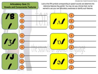 Articulatory Quiz: Vowels & Consonants Features

     Articulatory Quiz (1):      Look at the IPA symbols corresponding to speech sounds and determine the
                                   distinctive features they exhibit. You may not use a formal chart, but be
Vowels and Consonants Features     warned to use your own articulatory awareness to identify such features.




 /b             1                                                         1

                2
                                                /ʌ/                       2


  /             3                                                         3



                1                                                         1



/ʒ/             2


                3
                                                /ɒ/                       2


                                                                          3




 /j             1                                                         1

                2
                                                 /ə/                      2


  /             3                                                         3
 
