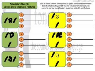 Articulatory Quiz: Vowels & Consonants Features

     Articulatory Quiz (3):      Look at the IPA symbols corresponding to speech sounds and determine the
                                   distinctive features they exhibit. You may not use a formal chart, but be
Vowels and Consonants Features     warned to use your own articulatory awareness to identify such features.


                1
                                                /ɜˈ                       1



/r/             2                                                         2


                3
                                                 /                        3




/d              1

                2
                                                /æ                        1

                                                                          2


 /              3
                                                 /                        3



                1
                                                /ɔˈ                       1



/ð/             2                                                         2


                3
                                                 /                        3
 