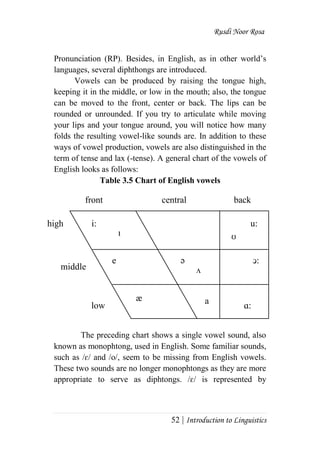 Rusdi Noor Rosa
52 | Introduction to Linguistics
Pronunciation (RP). Besides, in English, as in other world‘s
languages, several diphthongs are introduced.
Vowels can be produced by raising the tongue high,
keeping it in the middle, or low in the mouth; also, the tongue
can be moved to the front, center or back. The lips can be
rounded or unrounded. If you try to articulate while moving
your lips and your tongue around, you will notice how many
folds the resulting vowel-like sounds are. In addition to these
ways of vowel production, vowels are also distinguished in the
term of tense and lax (-tense). A general chart of the vowels of
English looks as follows:
Table 3.5 Chart of English vowels
The preceding chart shows a single vowel sound, also
known as monophtong, used in English. Some familiar sounds,
such as /ɛ/ and /o/, seem to be missing from English vowels.
These two sounds are no longer monophtongs as they are more
appropriate to serve as diphtongs. /ɛ/ is represented by
æ
i:
ʌ
a
ә
u:
e ↄ:
ʊı
ɑ:
high
middle
low
front central back
 