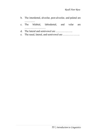 Rusdi Noor Rosa
55 | Introduction to Linguistics
b. The interdental, alveolar, post-alveolar, and palatal are
…………
c. The bilabial, labiodental, and velar are
…………………….
d. The lateral and semivowel are ………………..
e. The nasal, lateral, and semivowel are ………………..
 