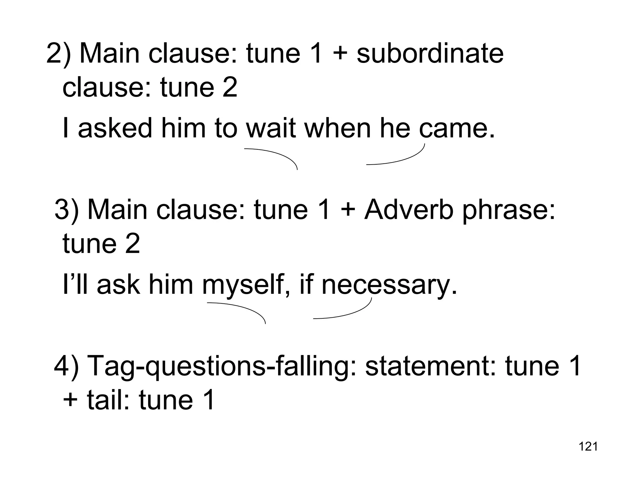 121
2) Main clause: tune 1 + subordinate
clause: tune 2
I asked him to wait when he came.
3) Main clause: tune 1 + Adverb phrase:
tune 2
I’ll ask him myself, if necessary.
4) Tag-questions-falling: statement: tune 1
+ tail: tune 1
 
