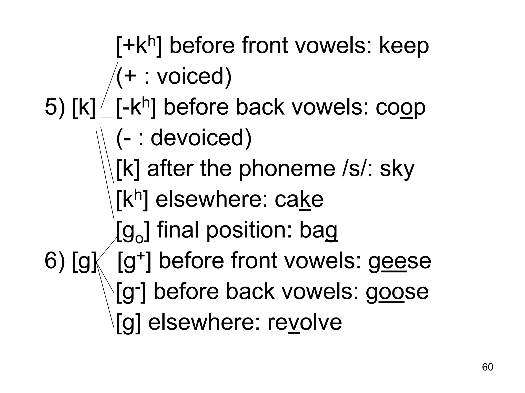 60
[+kh] before front vowels: keep
(+ : voiced)
5) [k] [-kh] before back vowels: coop
(- : devoiced)
[k] after the phoneme /s/: sky
[kh] elsewhere: cake
[go] final position: bag
6) [g] [g+] before front vowels: geese
[g-] before back vowels: goose
[g] elsewhere: revolve
 