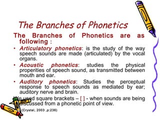 The Branches of Phonetics
The Branches of Phonetics are as
following :
• Articulatory phonetics: is the study of the way
speech sounds are made (articulated) by the vocal
organs.
• Acoustic phonetics: studies the physical
properities of speech sound, as transmitted between
mouth and ear.
• Auditory phonetics: Studies the perceptual
response to speech sounds as mediated by ear;
auditory nerve and brain.
We used square brackets – [ ] - when sounds are being
discussed from a phonetic point of view.
• (Crystal, 2003 ,p:236)
 