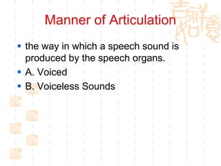 Manner of Articulation
 the way in which a speech sound is
  produced by the speech organs.
 A. Voiced
 B. Voiceless Sounds
 