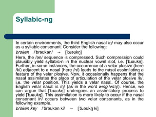 Syllabic-ng
In certain environments, the third English nasal /ŋ/ may also occur
as a syllabic consonant. Consider the following:
broken    /ˈbrəʊkən/    →    [ˈbɹəʊkŋ̩]
Here, the /ən/ sequence is compressed. Such compression could
plausibly yield syllabic-n in the nuclear vowel slot, i.e. [ˈbɹəʊkn̩].
Further, in some instances, the occurrence of a velar plosive (here
/k/) adjacent to a nasal (here /n/) leads to the nasal assimilating a
feature of the velar plosive. Now, it occasionally happens that the
nasal assimilates the place of articulation of the velar plosive /k/,
i.e. the velar position. This yields a velar nasal. Of course, the
English velar nasal is /ŋ/ (as in the word wing /wɪŋ/). Hence, we
can argue that [ˈbɹəʊkn̩] undergoes an assimilatory process to
yield [ˈbɹəʊkŋ̩]. This assimilation is more likely to occur if the nasal
consonant /n/ occurs between two velar consonants, as in the
following example.
broken key    /ˈbrəʊkən ki/    →    [ˈbɹəʊkŋ̩ ki]

 