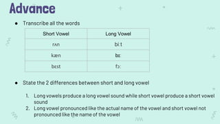 Advance
● Transcribe all the words
● State the 2 differences between short and long vowel
1. Long vowels produce a long vowel sound while short vowel produce a short vowel
sound
2. Long vowel pronounced like the actual name of the vowel and short vowel not
pronounced like the name of the vowel
Short Vowel Long Vowel
rʌn biːt
kæn bɪː
bɛst fɔː
 