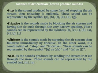 Manner of Articulation (how to produce sounds)
•Stop is the sound produced by some from of stopping the air
stream then releasing it suddenly. These sound can be
represented by the symbol [p], [b], [t], [d], [k], [g].
•Fricative is the sounds made by blocking the air stream and
having the air push through the very narrow opening. These
sounds can be represented by the symbols [f], [v], [], [ð], [s],
[z], [ʃ], [ʒ].
•Affricate is the sounds made by stopping the air stream then
followed immediately by fricative. In the other word, it’s
combination of “stop” and “fricative”. These sounds can be
represented by the symbol “[tʃ] as (ch)” and “[ʤ] as (j)”.
•Nasal is the sounds produced by sending the stream ir of air
through the nose. These sounds can be represented by the
symbol [m], [n], [ŋ].
 