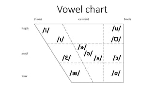 Vowel chart
/i/
/ɪ/
/Ɛ/
/ӕ/
/ə/
/ʌ/
/u/
/Ʊ/
/ɔ/
/a/
/ɝ/
 