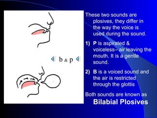 These two sounds are
plosives, they differ in
the way the voice is
used during the sound.

b

Closed
mouth 1) P is aspirated &
voiceless– air leaving the
mouth. It is a gentle
&p
sound.
2) B is a voiced sound and
the air is restricted
through the glottis
Both sounds are known as

Bilabial Plosives

 