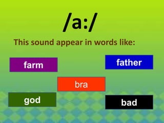 /a:/
This sound appear in words like:
god
farm father
bra
bad
 