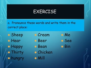 EXERCISE
a. Pronounce these words and write them in the
correct place:
 