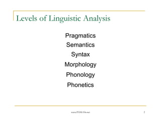Levels of Linguistic Analysis
               Pragmatics
               Semantics
                Syntax
              Morphology
               Phonology
               Phonetics



                www.PANL10n.net   2
 