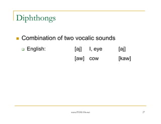 Diphthongs

 Combination of two vocalic sounds
  English:          [aj]        I, eye   [aj]
                    [aw] cow             [kaw]




                  www.PANL10n.net                27
 