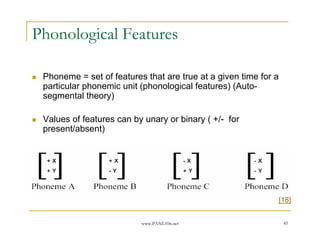 Phonological Features

 Phoneme = set of features that are true at a given time for a
 particular phonemic unit (phonological features) (Auto-
 segmental theory)

 Values of features can by unary or binary ( +/- for
 present/absent)




                                                                 [18]


                          www.PANL10n.net                         45
 