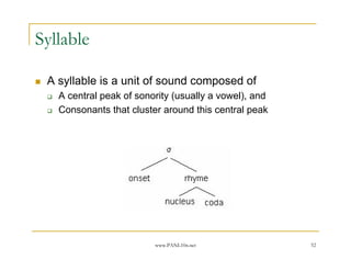 Syllable

 A syllable is a unit of sound composed of
   A central peak of sonority (usually a vowel), and
   Consonants that cluster around this central peak




                         www.PANL10n.net               52
 