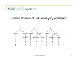 Syllable Structure

 Syllable structure of Urdu word ‫/ † ن‬pɑkɪst̪ɑn/




                     www.PANL10n.net               53
 