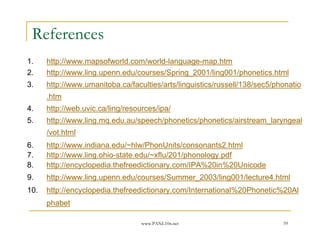 References
1.    http://www.mapsofworld.com/world-language-map.htm
2.    http://www.ling.upenn.edu/courses/Spring_2001/ling001/phonetics.html
3.    http://www.umanitoba.ca/faculties/arts/linguistics/russell/138/sec5/phonatio
      .htm
4.    http://web.uvic.ca/ling/resources/ipa/
5.    http://www.ling.mq.edu.au/speech/phonetics/phonetics/airstream_laryngeal
      /vot.html
6.    http://www.indiana.edu/~hlw/PhonUnits/consonants2.html
7.    http://www.ling.ohio-state.edu/~xflu/201/phonology.pdf
8.    http://encyclopedia.thefreedictionary.com/IPA%20in%20Unicode
9.    http://www.ling.upenn.edu/courses/Summer_2003/ling001/lecture4.html
10.   http://encyclopedia.thefreedictionary.com/International%20Phonetic%20Al
      phabet

                                   www.PANL10n.net                          59
 