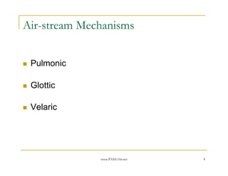 Air-stream Mechanisms


 Pulmonic

 Glottic

 Velaric




              www.PANL10n.net   8
 