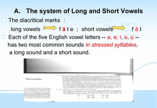 The system of Long and Short Vowels The diacritical marks ： long vowels  f  ā  t e ； short vowels  f  ă  t Each of the five English vowel letters  --   a, e, i, o, u  -- has two most common sounds  in stressed syllables,   a long sound and a short sound. 