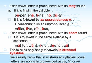Each vowel letter is pronounced with its  long  sound If it is final in the syllable ： p ā -per, sh ē , f ī -nal, n ō , d ū -ty If it is followed by  an unpronounced  e , or  a consonant plus an unpronounced  e   ： m ā ke,  ē ve, d ī e,  ū se, Each vowel letter is pronounced with its  short  sound If it is followed in the same syllable by a consonant ： m ă t-ter, w ĕ nt, r ĭ v-er, d ŏ c-tor, c ŭ t These rules only apply to vowels  in stressed syllables . we already know that in unstressed syllables vowel letters are normally pronounced as / ə /, / ı /, or / u / 