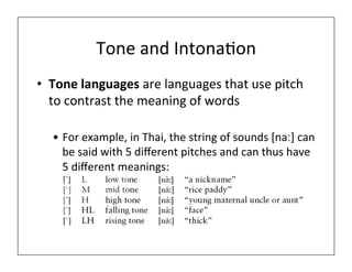 Tone	
  and	
  Intona0on	
  
• Tone	
  languages	
  are	
  languages	
  that	
  use	
  pitch	
  
to	
  contrast	
  the	
  meaning	
  of	
  words	
  
• For	
  example,	
  in	
  Thai,	
  the	
  string	
  of	
  sounds	
  [naː]	
  can	
  
be	
  said	
  with	
  5	
  diﬀerent	
  pitches	
  and	
  can	
  thus	
  have	
  
5	
  diﬀerent	
  meanings:	
  
 