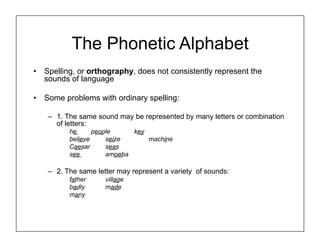The Phonetic Alphabet
• Spelling, or orthography, does not consistently represent the
sounds of language
• Some problems with ordinary spelling:
– 1. The same sound may be represented by many letters or combination
of letters:
he people key
believe seize machine
Caesar seas
see amoeba
– 2. The same letter may represent a variety of sounds:
father village
badly made
many
 