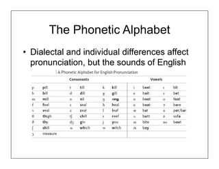 The Phonetic Alphabet
• Dialectal and individual differences affect
pronunciation, but the sounds of English
are:
 
