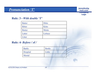 6/22/20136/22/2013wps.cn/mobanwps.cn/moban
jamaldu@g
mail.com
.Company
Logo
1919
Pronunciation ‘T’
Rule: 3 - With double ‘T’
Litter
LettuceLatter
MottoButter
KittoBitter
DittoBatter
Rule: 4- Before /  /
Mortal
LittleHospital
BottleBattle
 