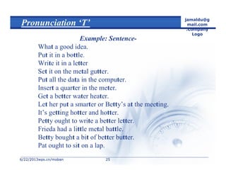 6/22/20136/22/2013wps.cn/mobanwps.cn/moban
jamaldu@g
mail.com
.Company
Logo
2525
Pronunciation ‘T’
Example: Sentence-
What a good idea.
Put it in a bottle.
Write it in a letter
Set it on the metal gutter.
Put all the data in the computer.
Insert a quarter in the meter.
Get a better water heater.
Let her put a smarter or Betty’s at the meeting.
It’s getting hotter and hotter.
Petty ought to write a better letter.
Frieda had a little metal battle.
Betty bought a bit of better butter.
Pat ought to sit on a lap.
 