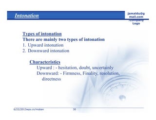 6/22/20136/22/2013wps.cn/mobanwps.cn/moban
jamaldu@g
mail.com
.Company
Logo
3030
Intonation
Types of intonation
There are mainly two types of intonation
1. Upward intonation
2. Downward intonation
Characteristics
Upward : - hesitation, doubt, uncertainly
Downward: - Firmness, Finality, resolution,
directness
 